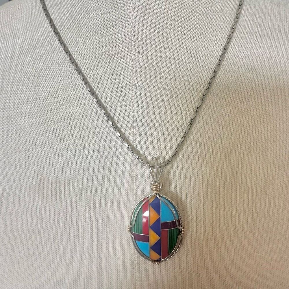 Vintage Artisan Southwestern Inlay Pendant Necklace  Sterling Silver